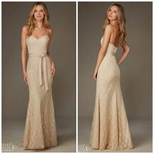 Morilee By Madeline Gardner Beaded Lace Dress in Tan Belted Size 8 Wedding